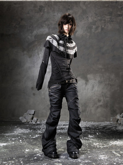 ARIADNAw Black Denim Punk Double Waistband Curved Stacked Texture Women&