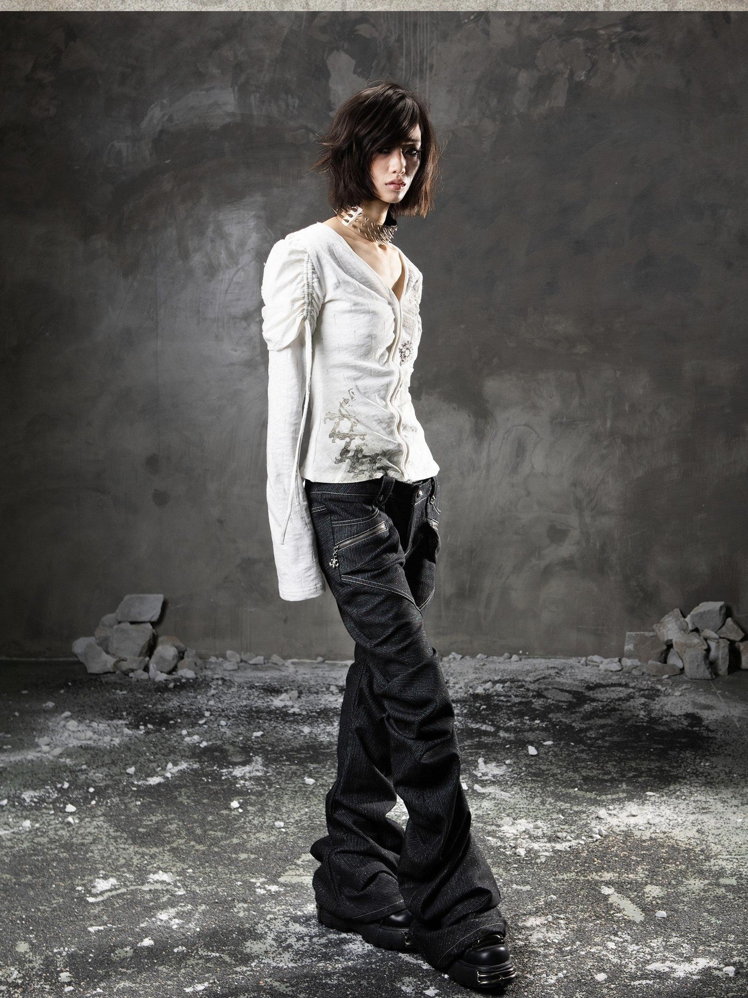 ARIADNAw Black Denim Punk Double Waistband Curved Stacked Texture Women&