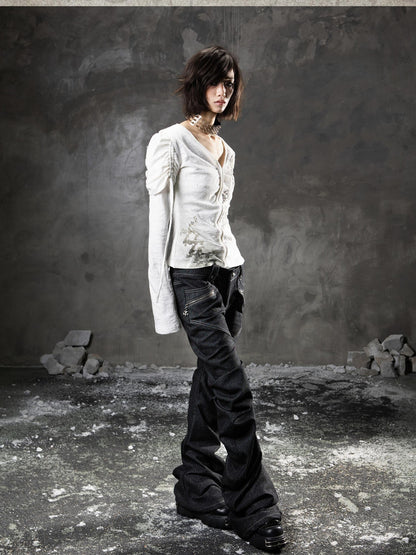 ARIADNAw Black Denim Punk Double Waistband Curved Stacked Texture Women&