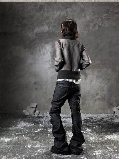 ARIADNAw Black Denim Punk Double Waistband Curved Stacked Texture Women&