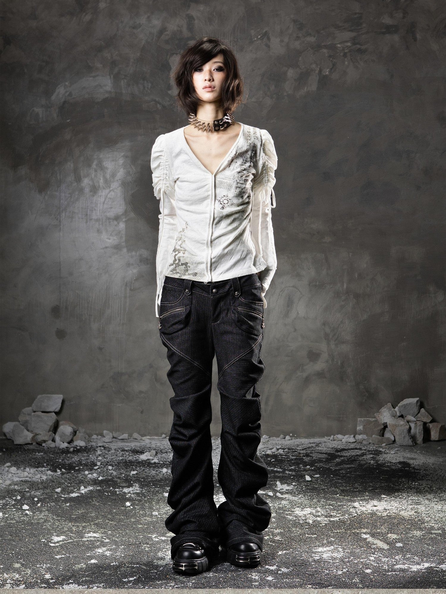 ARIADNAw Black Denim Punk Double Waistband Curved Stacked Texture Women&