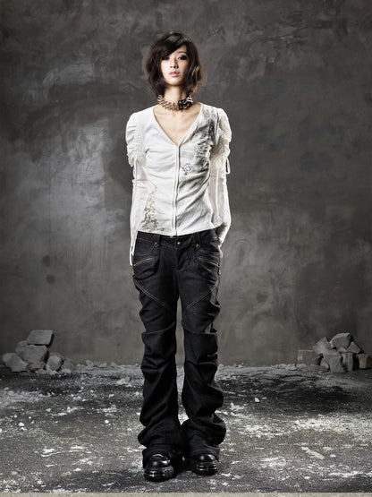 ARIADNAw Black Denim Punk Double Waistband Curved Stacked Texture Women&