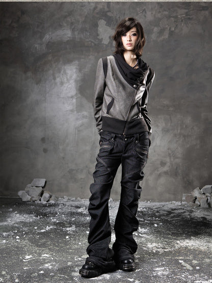 ARIADNAw Black Denim Punk Double Waistband Curved Stacked Texture Women&