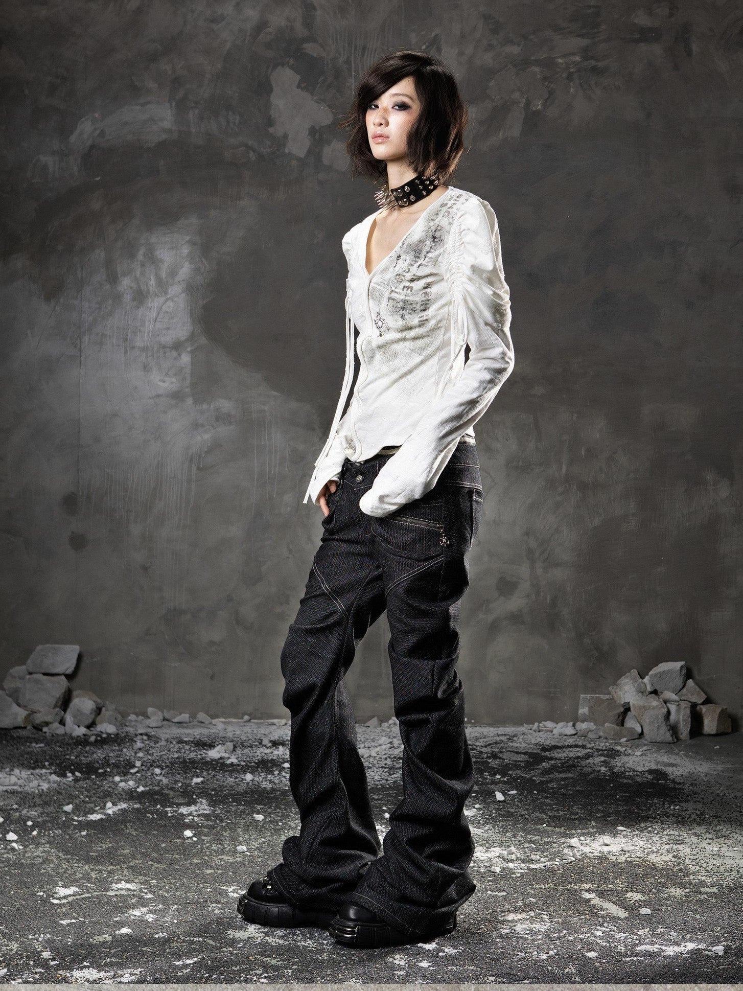 ARIADNAw Black Denim Punk Double Waistband Curved Stacked Texture Women&