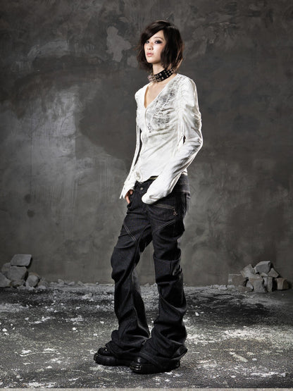ARIADNAw Black Denim Punk Double Waistband Curved Stacked Texture Women&
