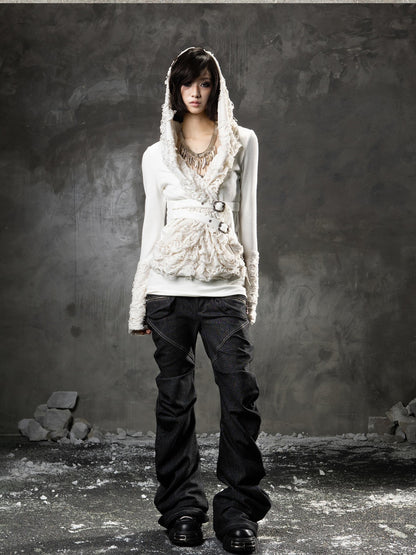 ARIADNAw Black Denim Punk Double Waistband Curved Stacked Texture Women&