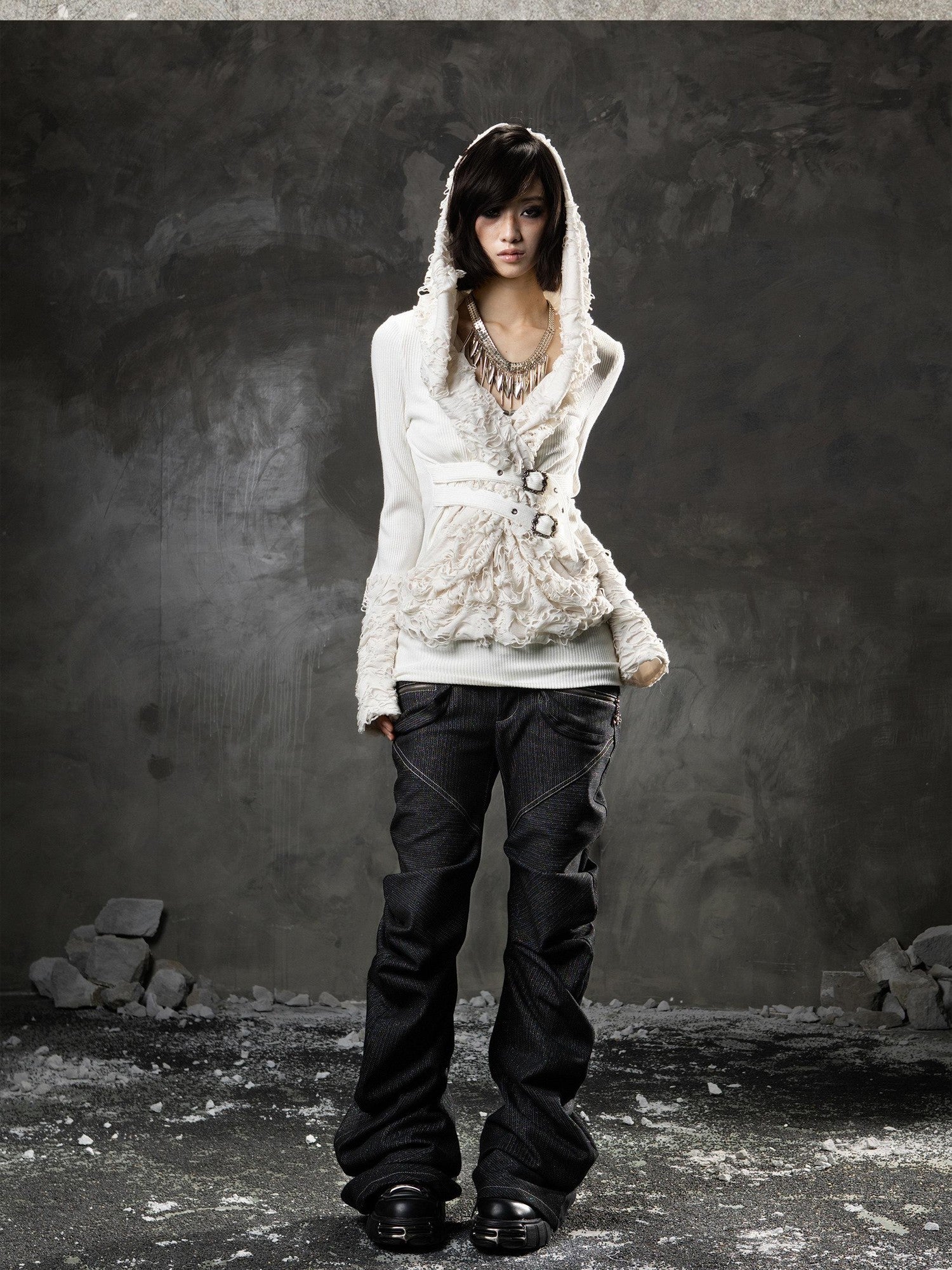ARIADNAw Black Denim Punk Double Waistband Curved Stacked Texture Women&