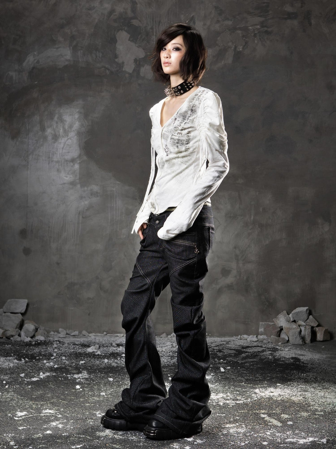 ARIADNAw Black Denim Punk Double Waistband Curved Stacked Texture Women&