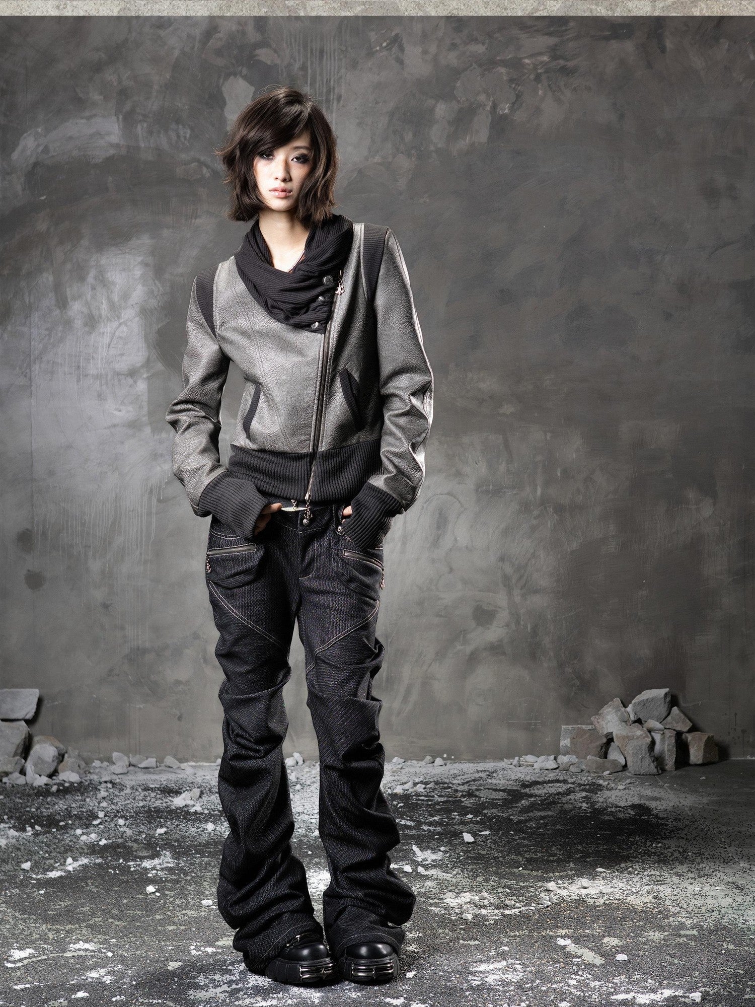 ARIADNAw Black Denim Punk Double Waistband Curved Stacked Texture Women&