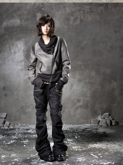 ARIADNAw Black Denim Punk Double Waistband Curved Stacked Texture Women&