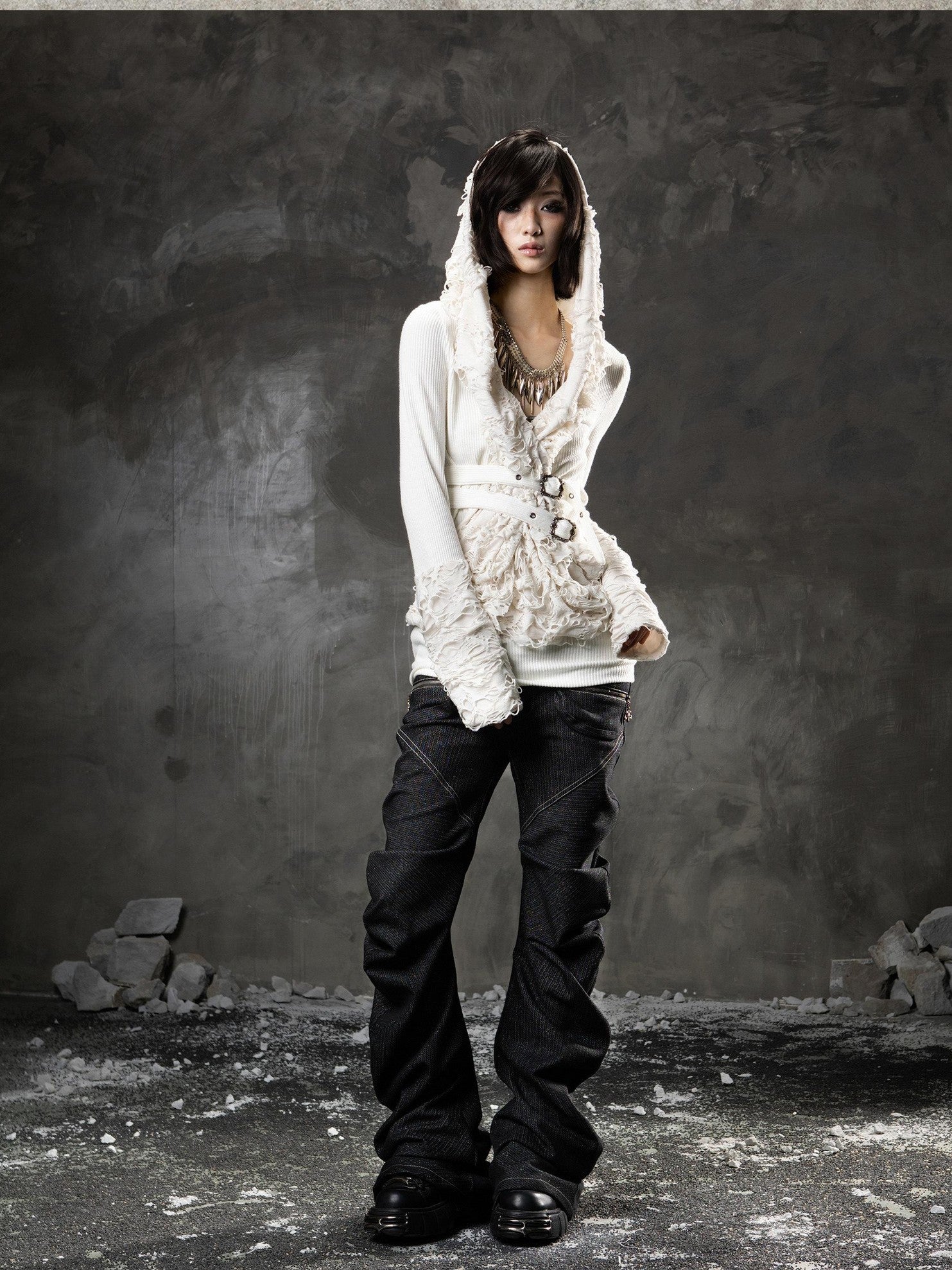 ARIADNAw Black Denim Punk Double Waistband Curved Stacked Texture Women&