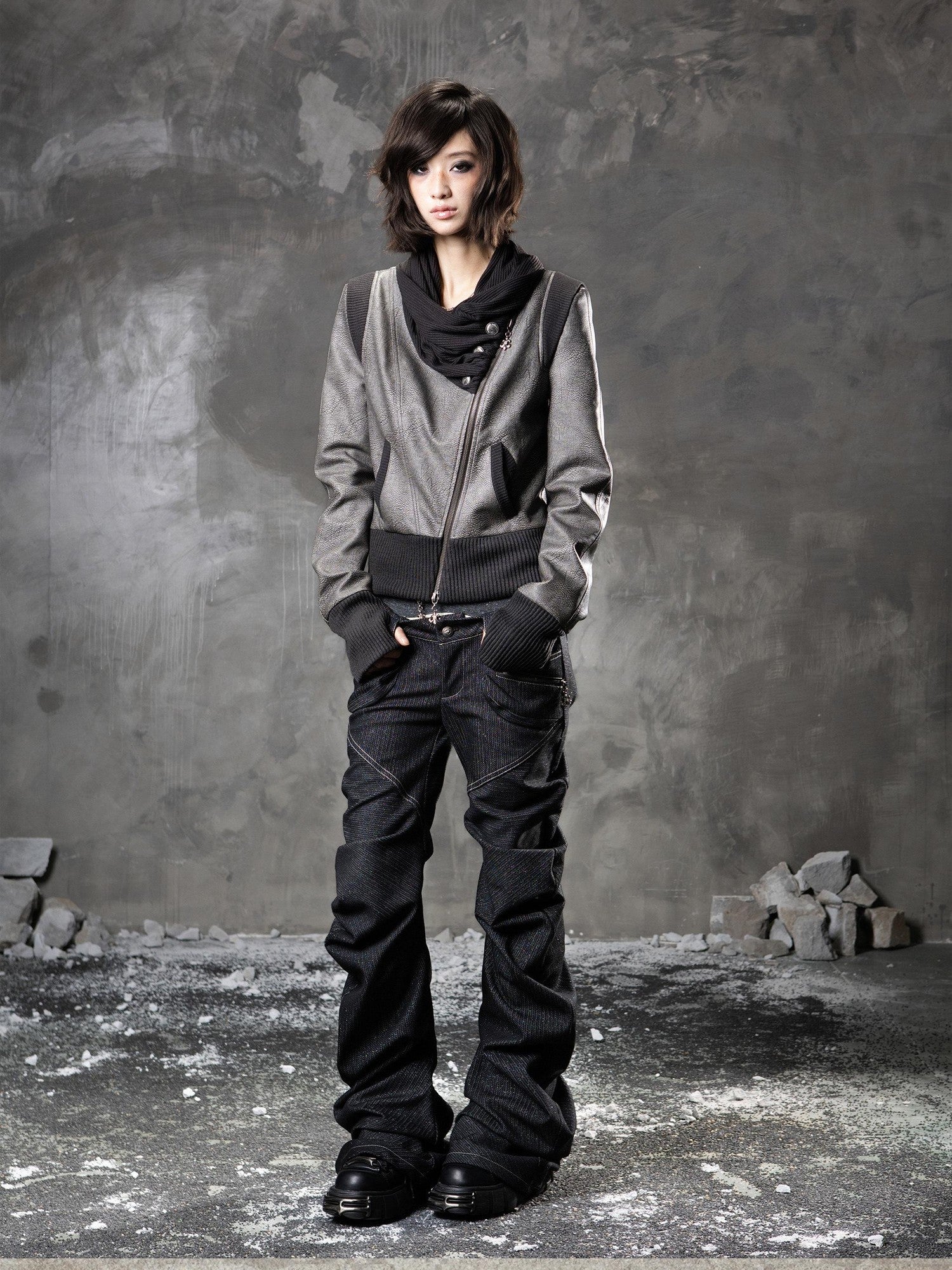 ARIADNAw Black Denim Punk Double Waistband Curved Stacked Texture Women&