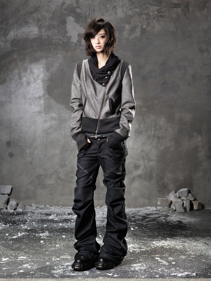 ARIADNAw Black Denim Punk Double Waistband Curved Stacked Texture Women&