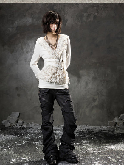 ARIADNAw Black Denim Punk Double Waistband Curved Stacked Texture Women&