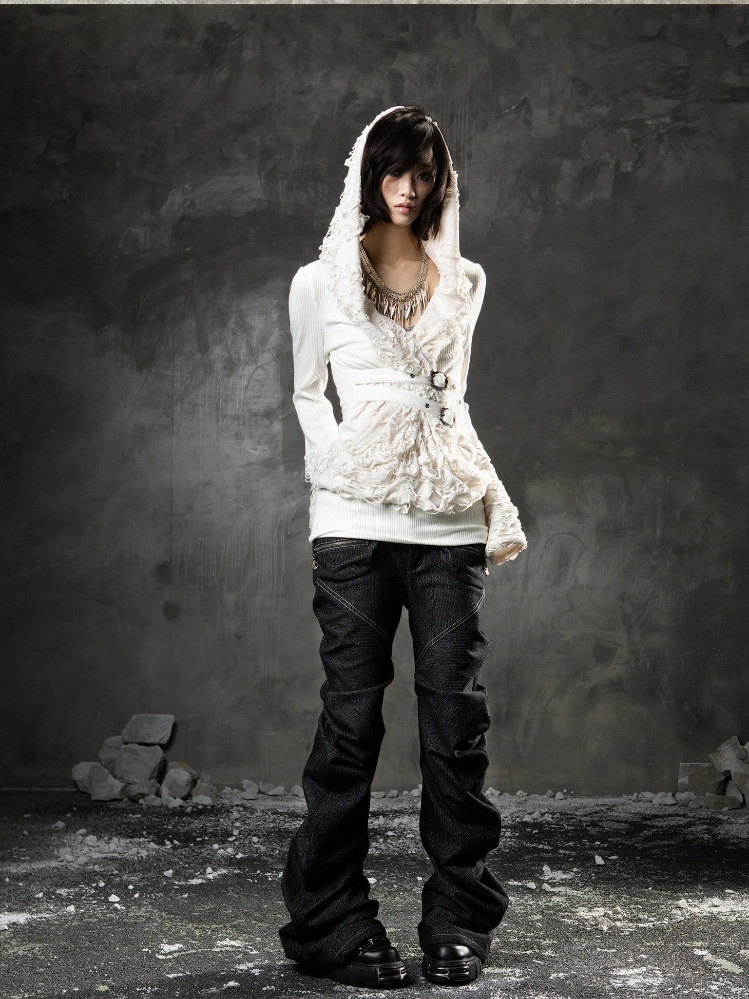 ARIADNAw Black Denim Punk Double Waistband Curved Stacked Texture Women&