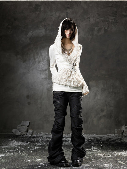 ARIADNAw Black Denim Punk Double Waistband Curved Stacked Texture Women&