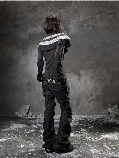 ARIADNAw Black Denim Punk Double Waistband Curved Stacked Texture Women&