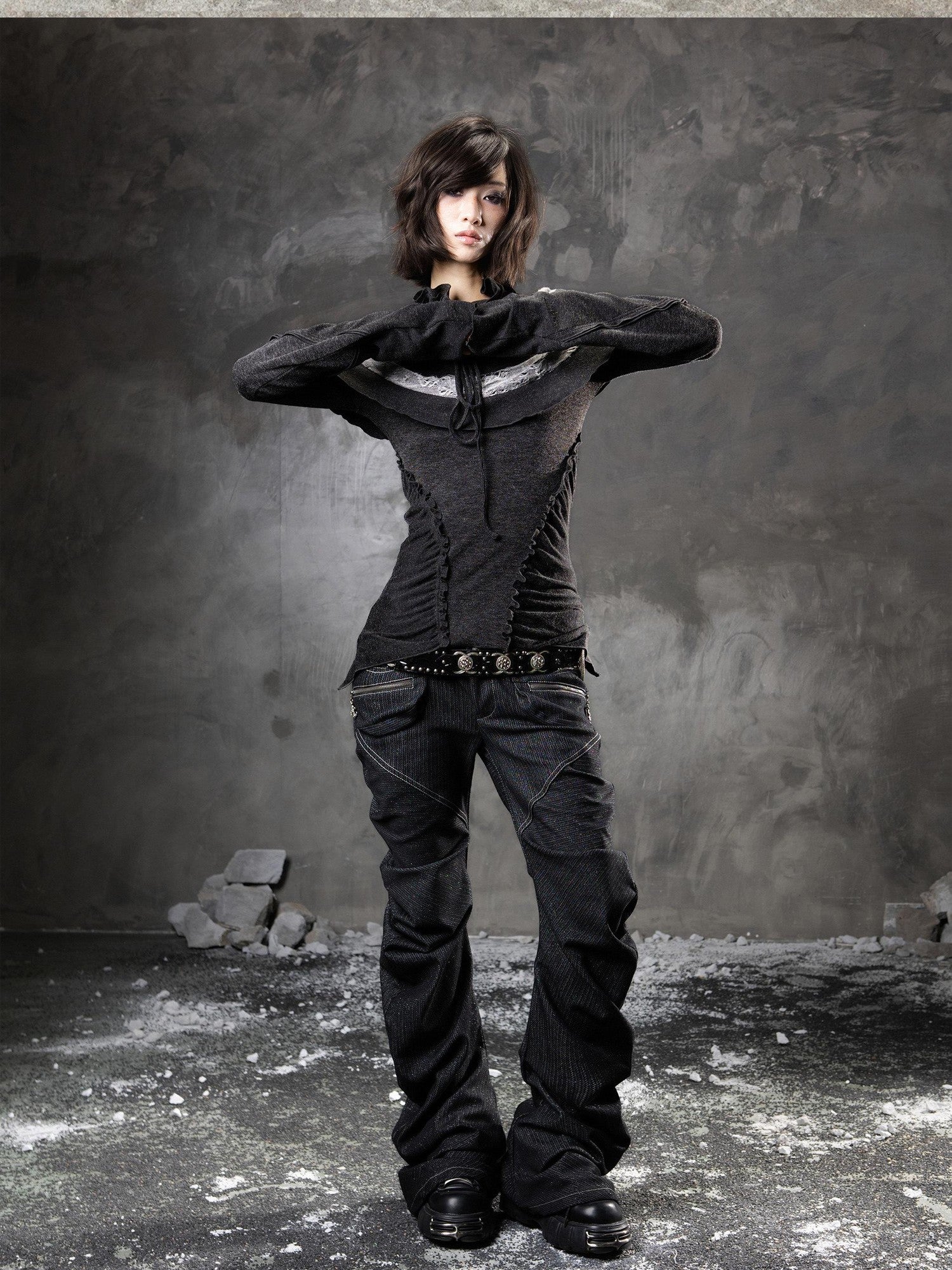 ARIADNAw Black Denim Punk Double Waistband Curved Stacked Texture Women&