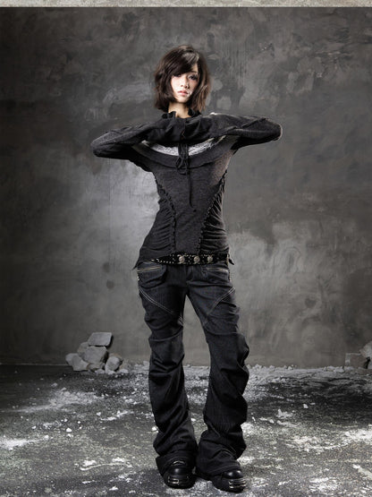 ARIADNAw Black Denim Punk Double Waistband Curved Stacked Texture Women&