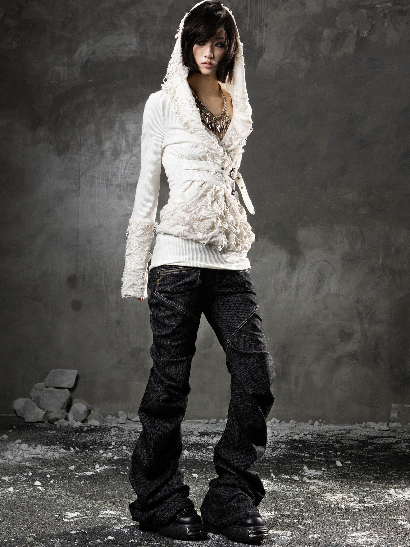 ARIADNAw Black Denim Punk Double Waistband Curved Stacked Texture Women&