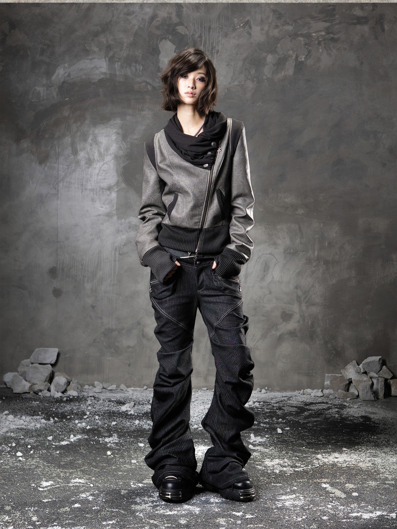 ARIADNAw Black Denim Punk Double Waistband Curved Stacked Texture Women&