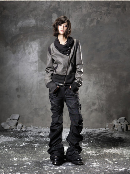 ARIADNAw Black Denim Punk Double Waistband Curved Stacked Texture Women&