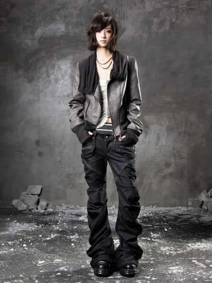 ARIADNAw Black Denim Punk Double Waistband Curved Stacked Texture Women&
