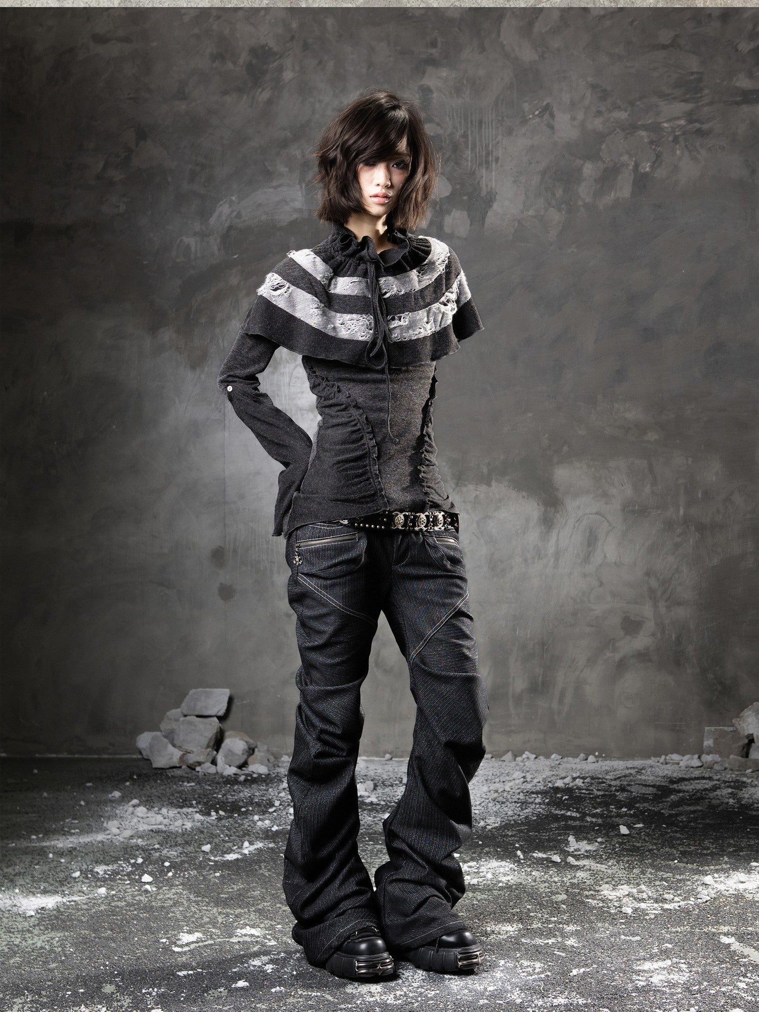 ARIADNAw Black Denim Punk Double Waistband Curved Stacked Texture Women&
