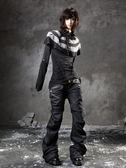 ARIADNAw Black Denim Punk Double Waistband Curved Stacked Texture Women&