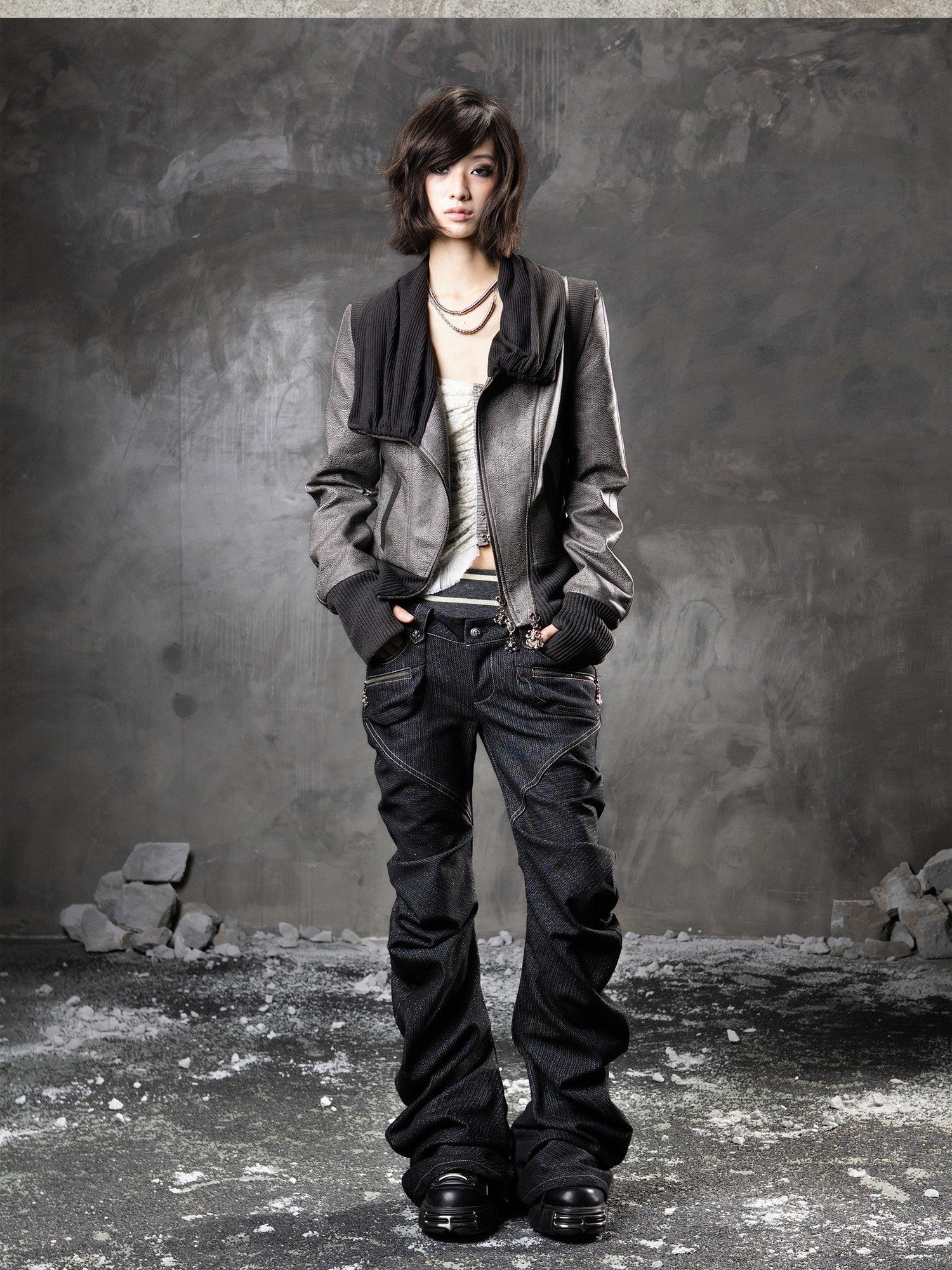 ARIADNAw Black Denim Punk Double Waistband Curved Stacked Texture Women&
