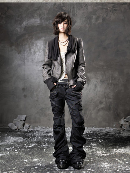 ARIADNAw Black Denim Punk Double Waistband Curved Stacked Texture Women&