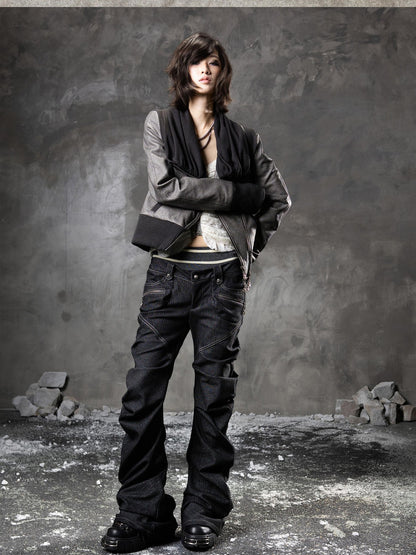 ARIADNAw Black Denim Punk Double Waistband Curved Stacked Texture Women&