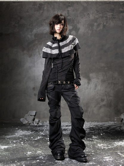ARIADNAw Black Denim Punk Double Waistband Curved Stacked Texture Women&