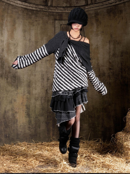 ARIADNAw Contrast Stripe Off Shoulder Punk Women&