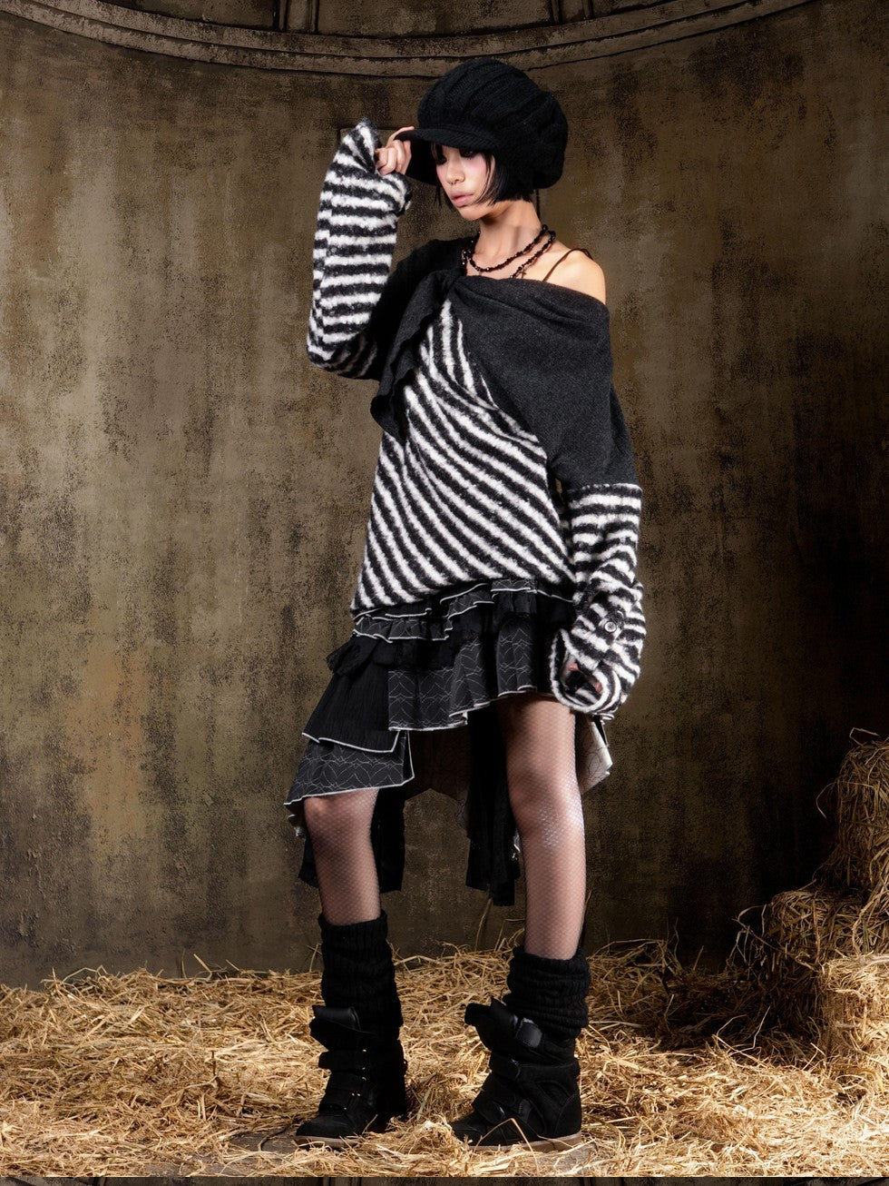 ARIADNAw Contrast Stripe Off Shoulder Punk Women&