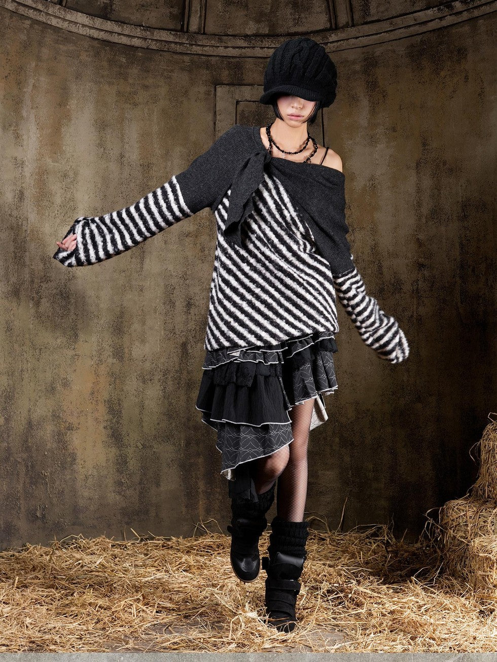 ARIADNAw Contrast Stripe Off Shoulder Punk Women&