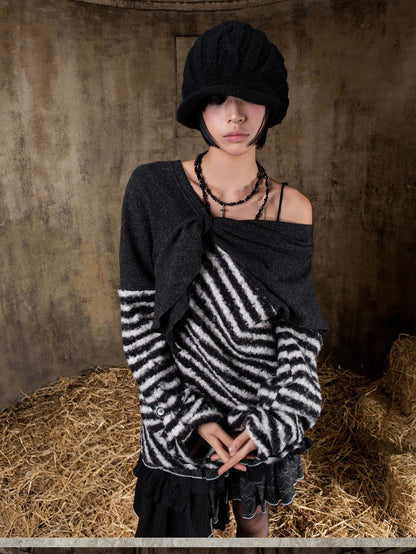ARIADNAw Contrast Stripe Off Shoulder Punk Women&