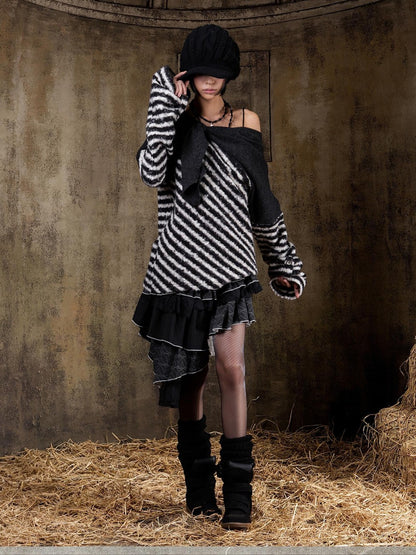 ARIADNAw Contrast Stripe Off Shoulder Punk Women&