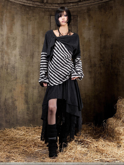 ARIADNAw Contrast Stripe Off Shoulder Punk Women&