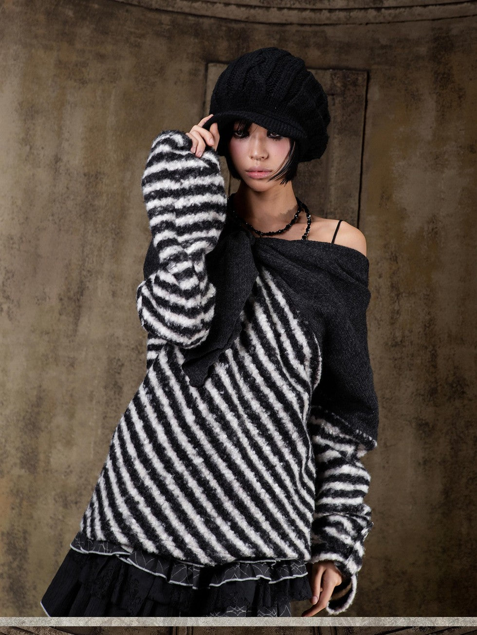 ARIADNAw Contrast Stripe Off Shoulder Punk Women&