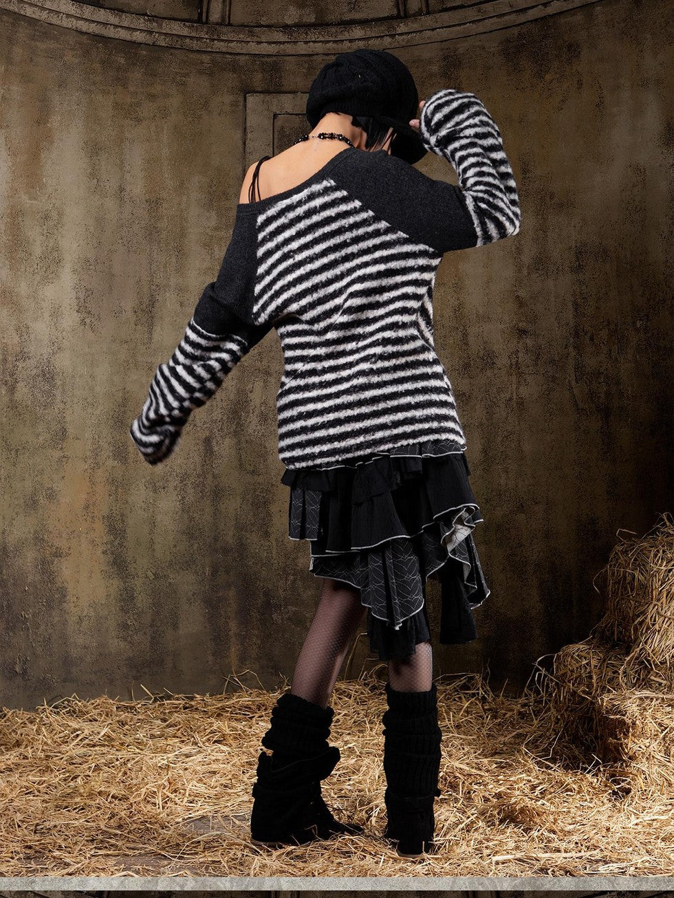 ARIADNAw Contrast Stripe Off Shoulder Punk Women&