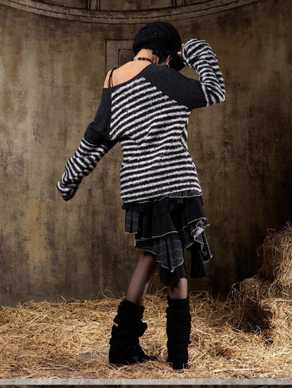 ARIADNAw Contrast Stripe Off Shoulder Punk Women&