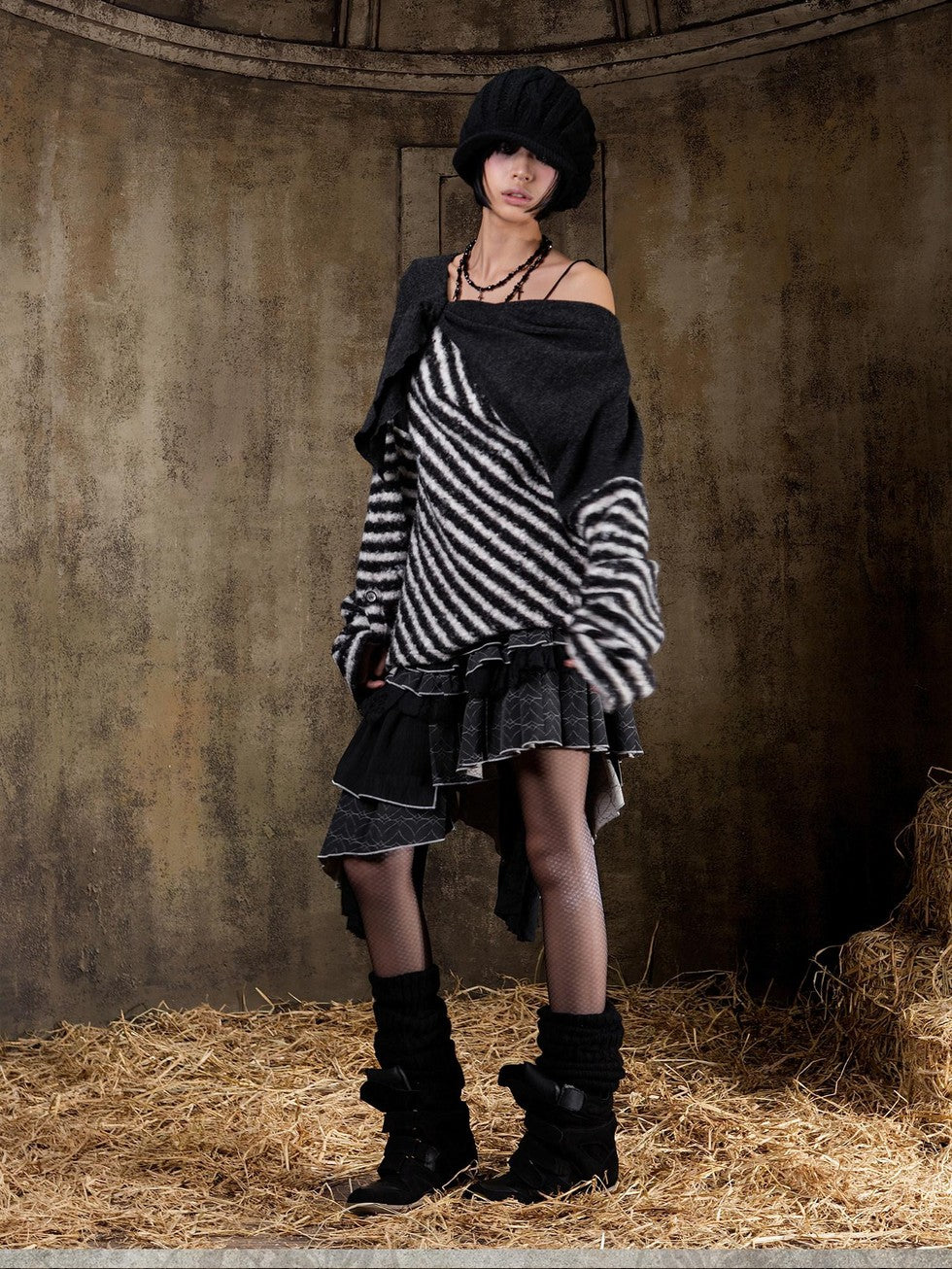 ARIADNAw Contrast Stripe Off Shoulder Punk Women&
