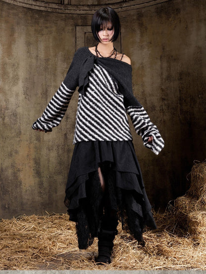 ARIADNAw Contrast Stripe Off Shoulder Punk Women&