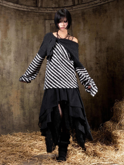 ARIADNAw Contrast Stripe Off Shoulder Punk Women&
