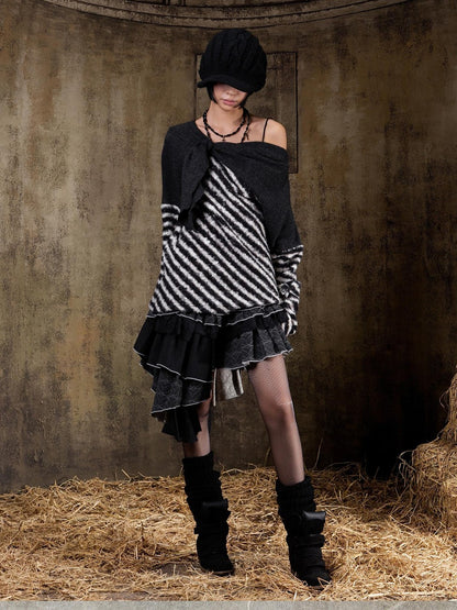 ARIADNAw Contrast Stripe Off Shoulder Punk Women&