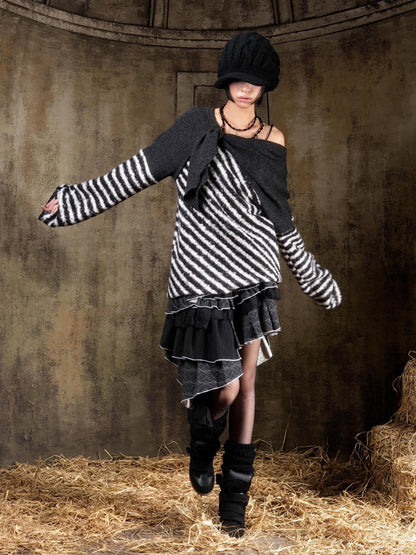 ARIADNAw Contrast Stripe Off Shoulder Punk Women&