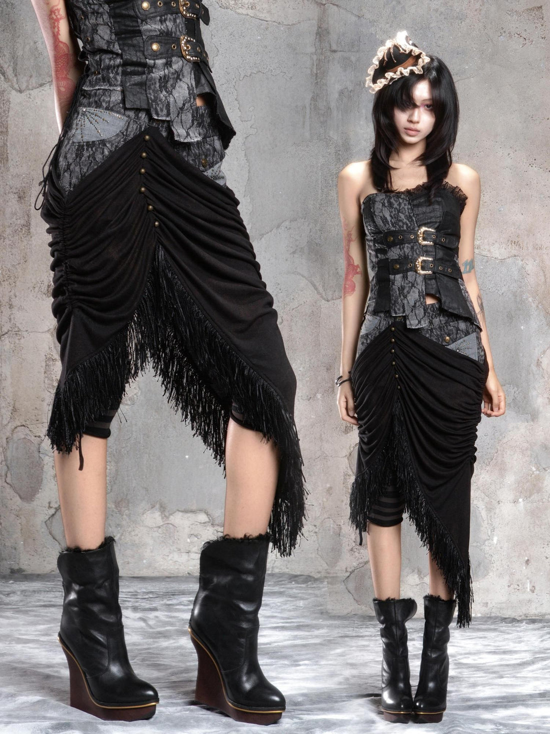 ARIADNAw Dark Gothic Asymmetrical Knit Patchwork Drawstring Low Waist Women&