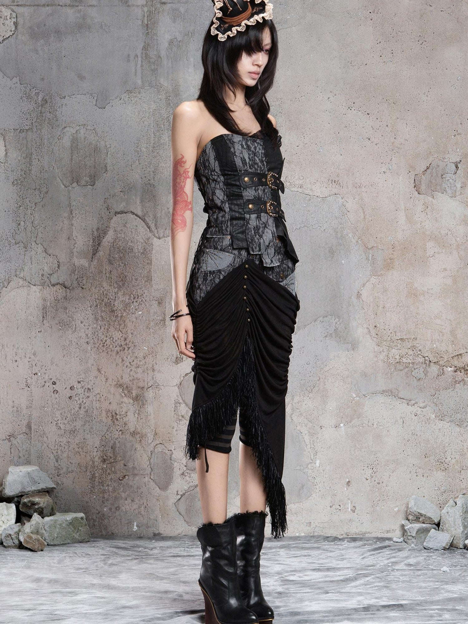 ARIADNAw Dark Gothic Asymmetrical Knit Patchwork Drawstring Low Waist Women&