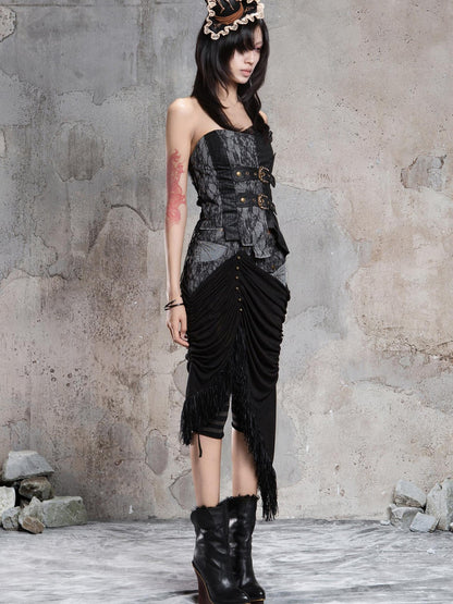 ARIADNAw Dark Gothic Asymmetrical Knit Patchwork Drawstring Low Waist Women&